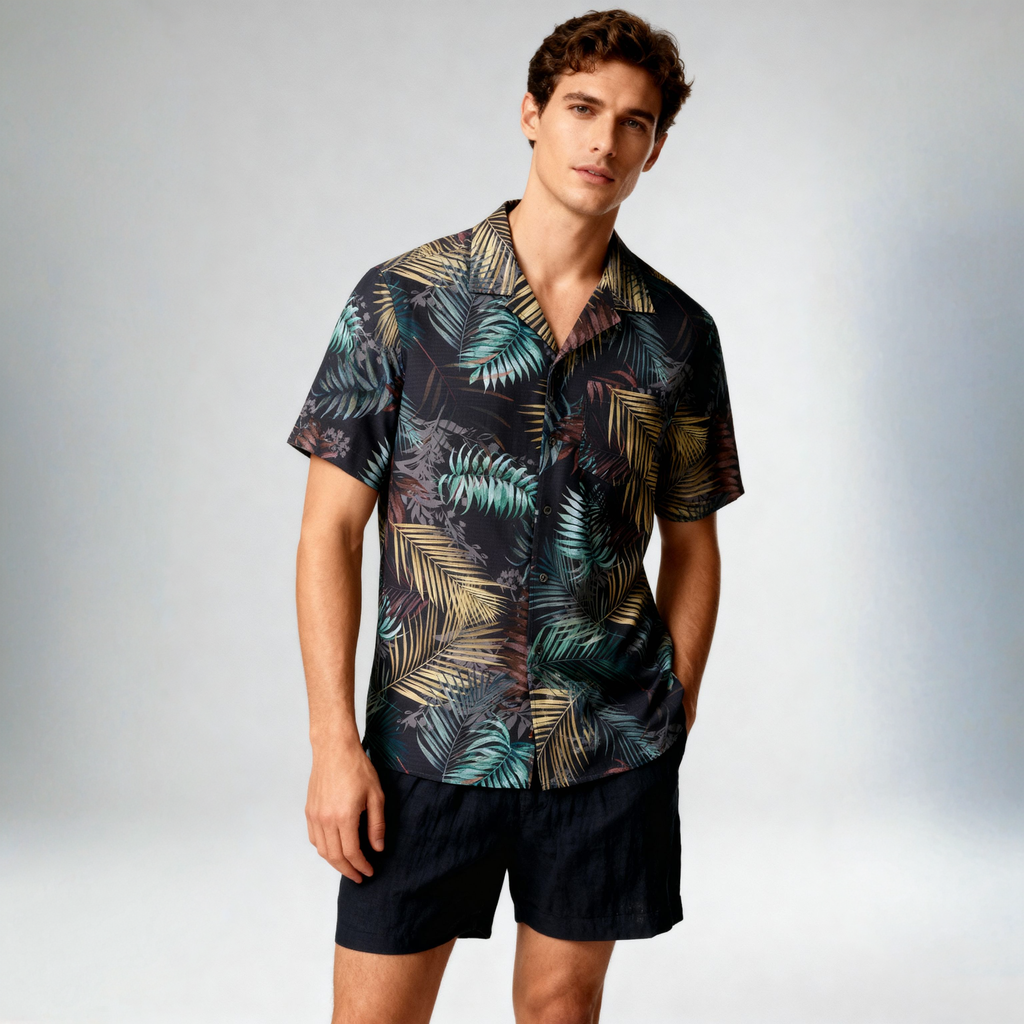 A man models the PUBLIC BEACH SWIM BOTANIC BURST SHIRT—a short-sleeved palm print button-up—styled with black shorts, standing against a plain light grey background for a cool summer look.
