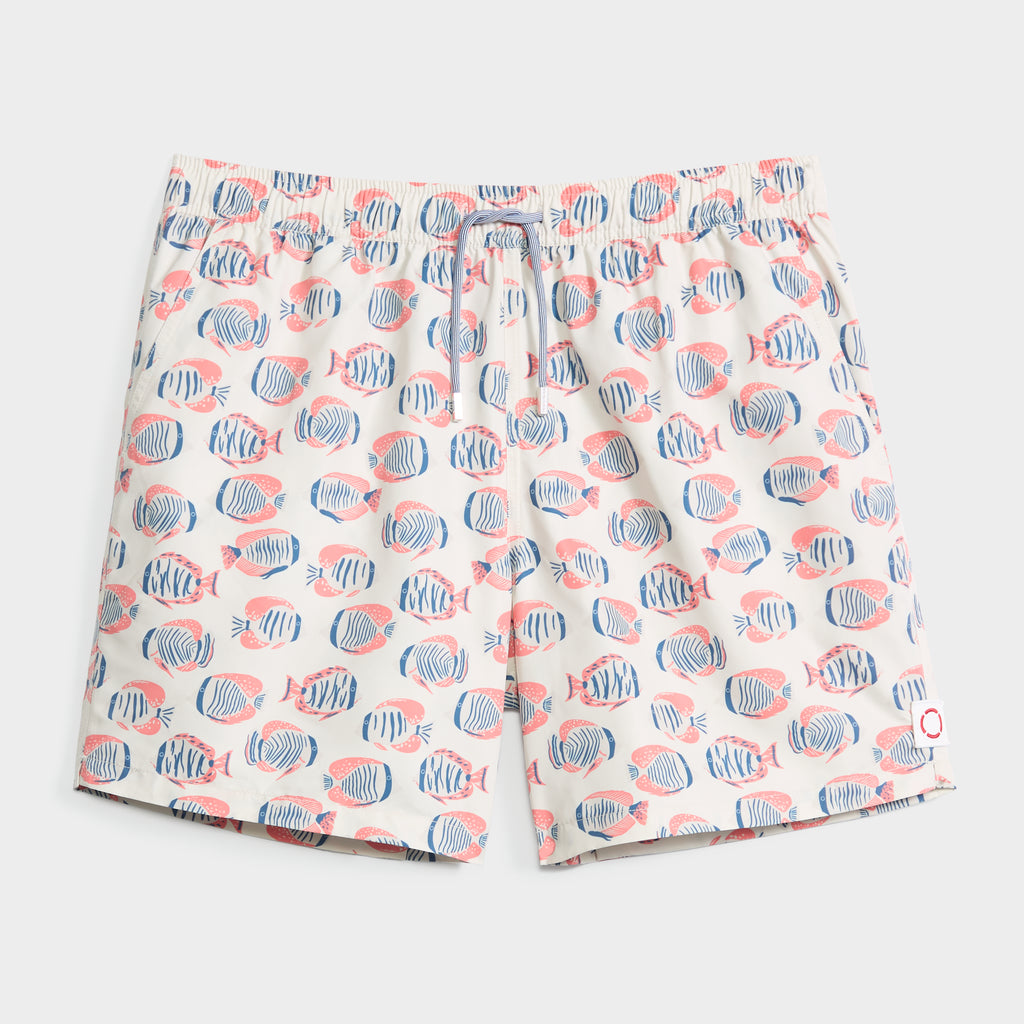 FISH LAGOON by PUBLIC BEACH SWIM: White beach shorts with a drawstring waistband, featuring blue and red fish in playful patterns—quick-dry swimwear perfect for your next seaside adventure.