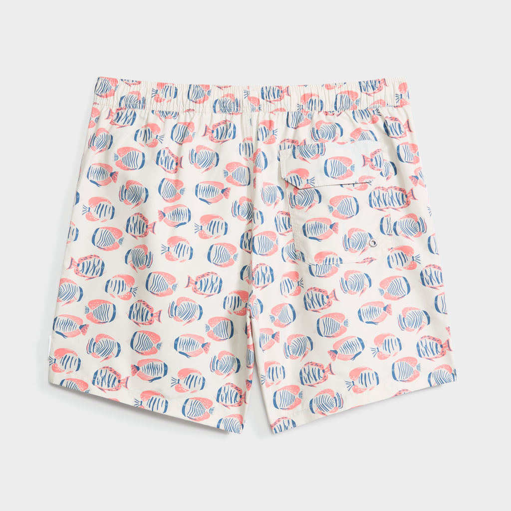 FISH LAGOON by PUBLIC BEACH SWIM: White men's beach shorts featuring playful blue and pink fish patterns, quick-dry fabric, elastic waistband, and back pocket—perfect swimwear essentials with fun fish illustrations.