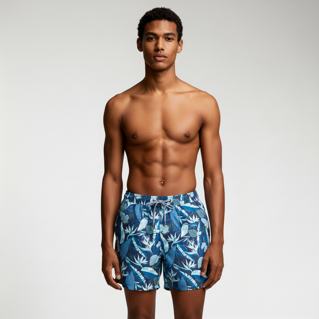 A young man stands facing forward in PUBLIC BEACH SWIM’s BLOOMING TROPIC blue swim trunks with a white and teal leaf pattern. He is shirtless and barefoot against a plain light gray background.