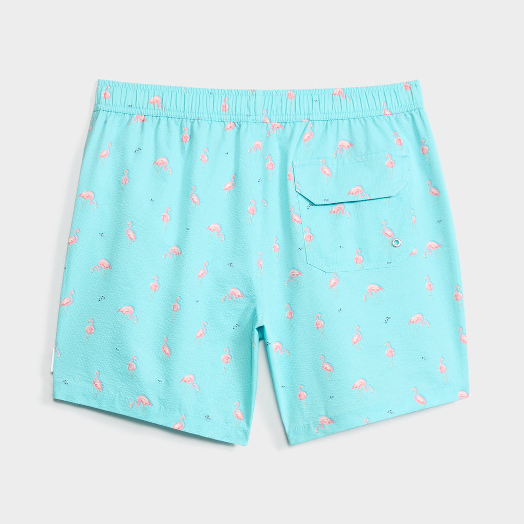FLAMINGLOW swim trunks by PUBLIC BEACH SWIM feature an aqua blue color with pink flamingos, an elastic waistband, quick-dry fabric, and a buttoned back pocket—perfect for poolside fun.