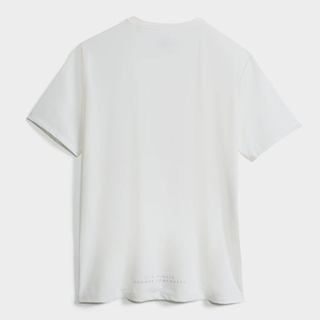 The PUBLIC BEACH SWIM SHORT SLEEVE RASHGUARD is a plain white tee, shown from the back with subtle "ITS ALWAYS SUMMER SOMEWHERE" text near the hem. Enjoy UPF 50 sun protection in this stylish, men's rashguard-inspired shirt.