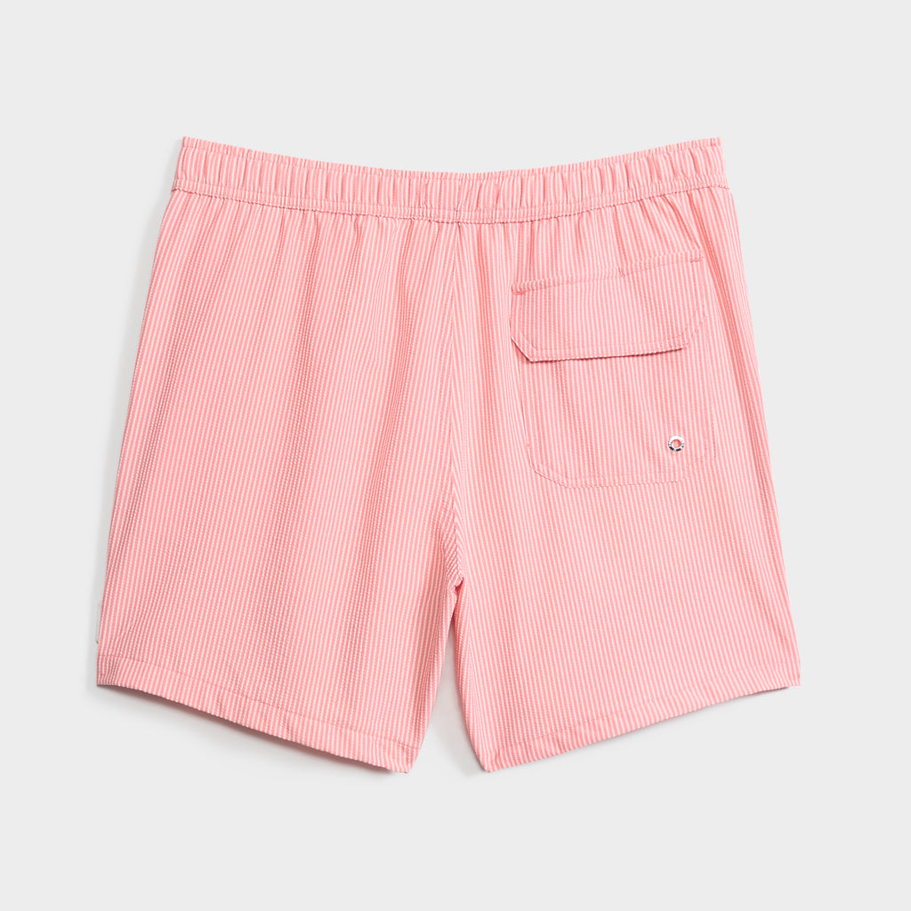 The SAINT TROPEZ men's swim shorts by PUBLIC BEACH SWIM feature pink and white vertical stripes, an elastic waistband, and a back flap pocket—perfect summer beachwear, shown on a light gray background.