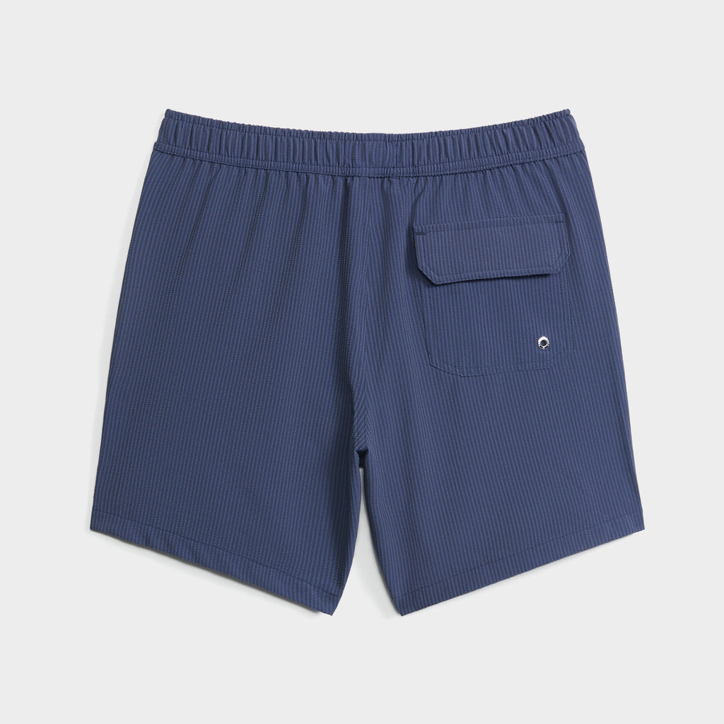 Rear view of SAINT TROPEZ dark blue men's swim shorts by PUBLIC BEACH SWIM featuring subtle stripes, elastic waistband, and right-side flap pocket—quick-dry and perfect for stylish beachwear.