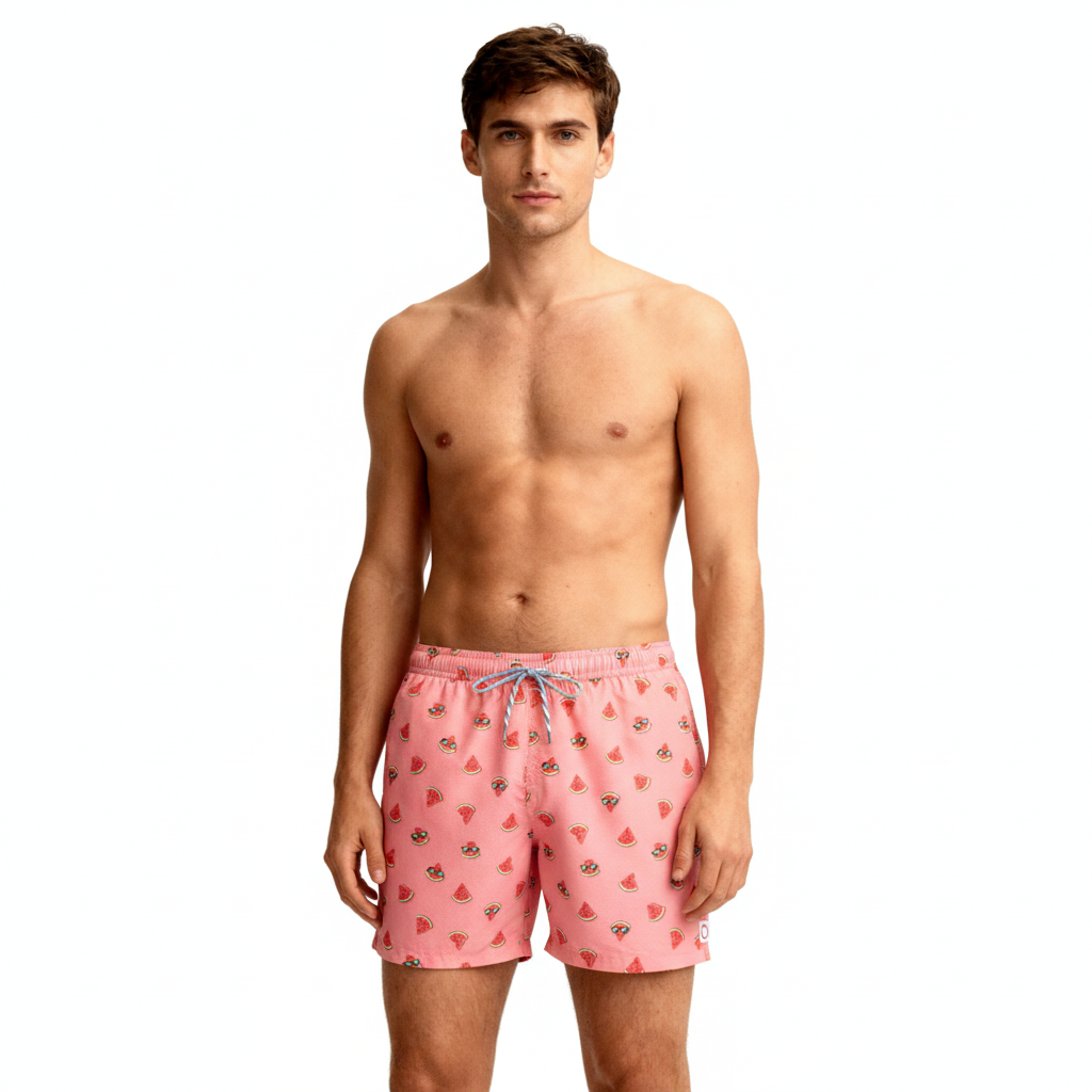 A man stands shirtless, facing forward, wearing PUBLIC BEACH SWIM SUNNY MELONS men’s swim shorts with a fun melon print and quick-dry fabric, against a plain white background.