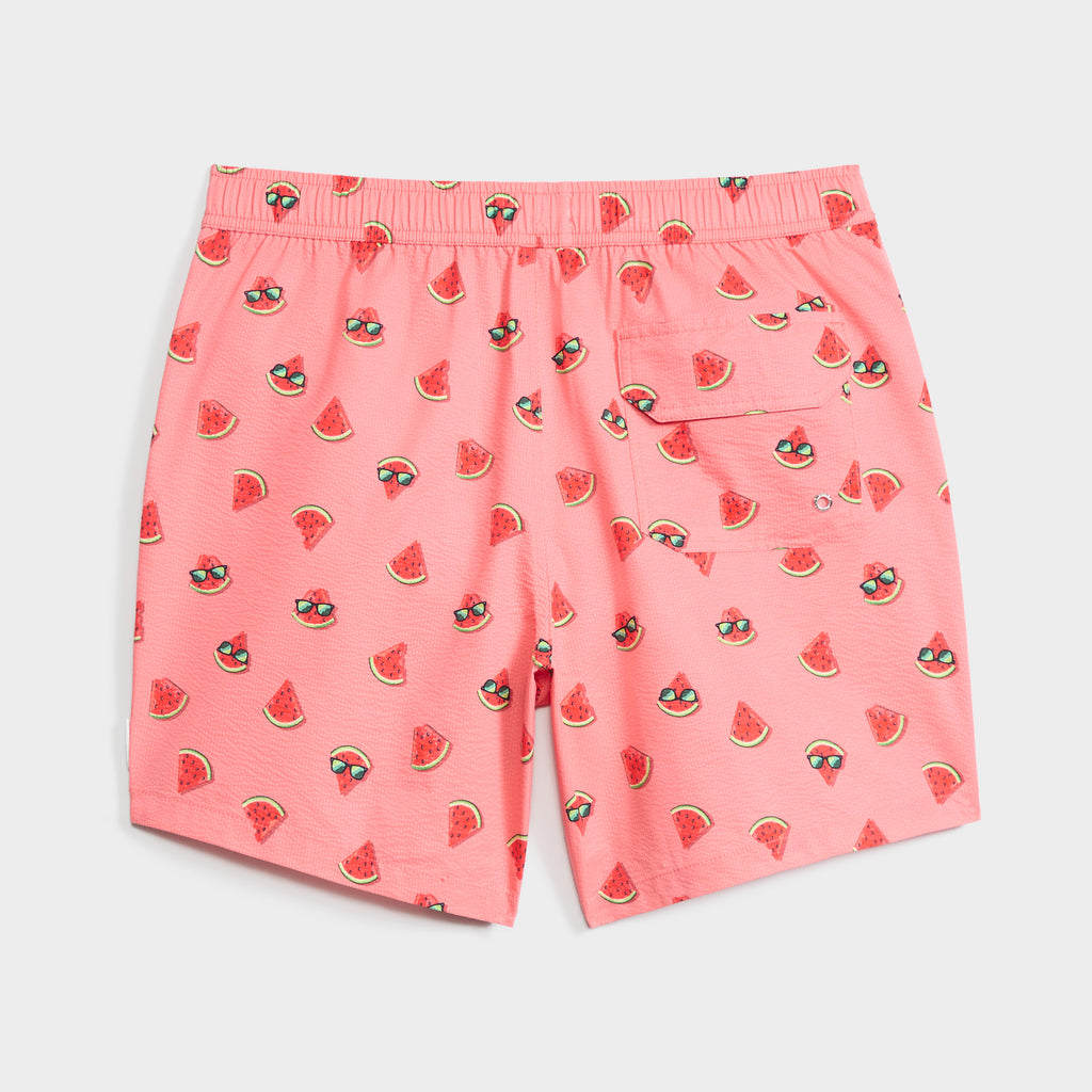 The SUNNY MELONS swim shorts by PUBLIC BEACH SWIM feature quick-dry pink fabric, an elastic waistband, a back pocket, and a playful cartoon watermelon slice print—some slices sporting cool sunglasses.