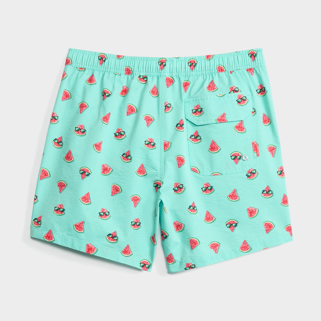 The SUNNY MELONS men’s swim shorts by PUBLIC BEACH SWIM feature a bright aqua color with a fun watermelon slice and sunglass-wearing melon print, plus an elastic waistband and one back pocket.