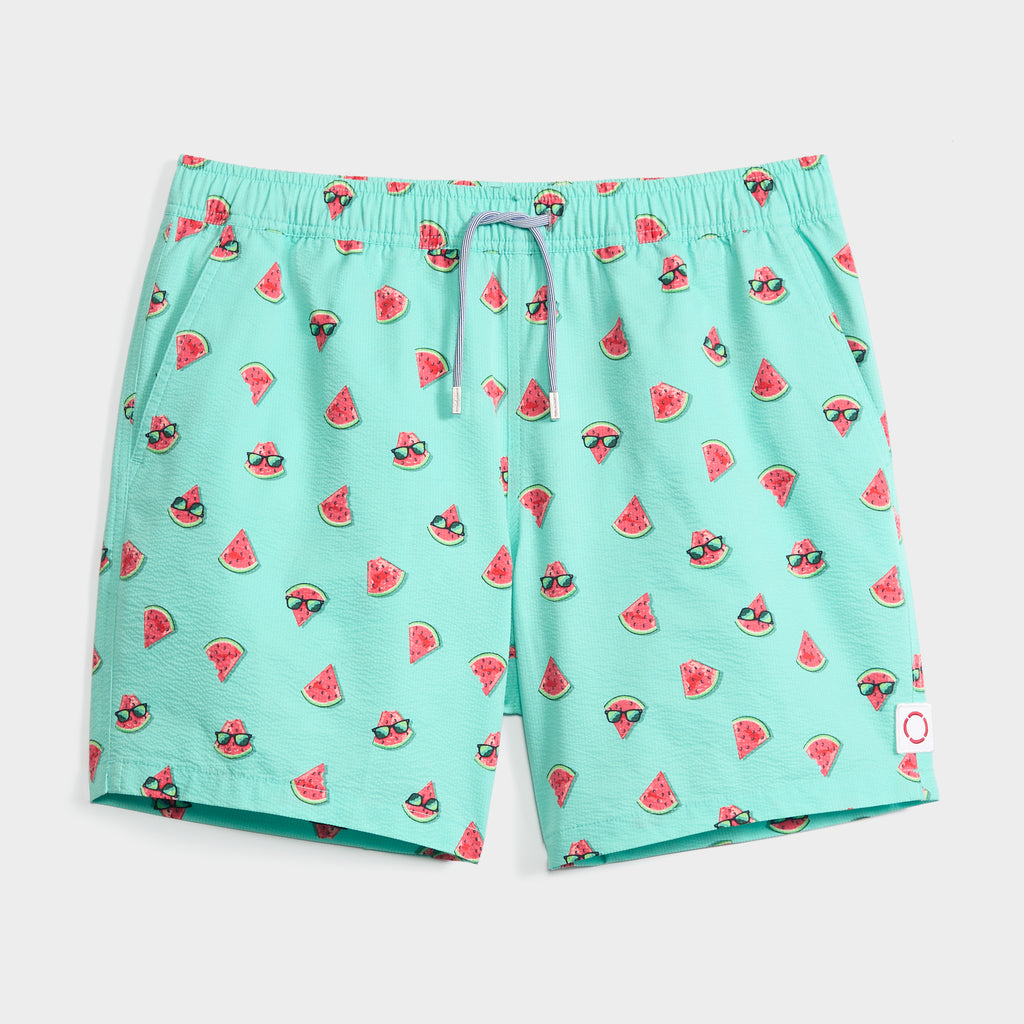 SUNNY MELONS men's swim shorts by PUBLIC BEACH SWIM feature an aqua blue design with watermelon slices and cartoon turtles in sunglasses, plus an elastic waistband and blue drawstring.