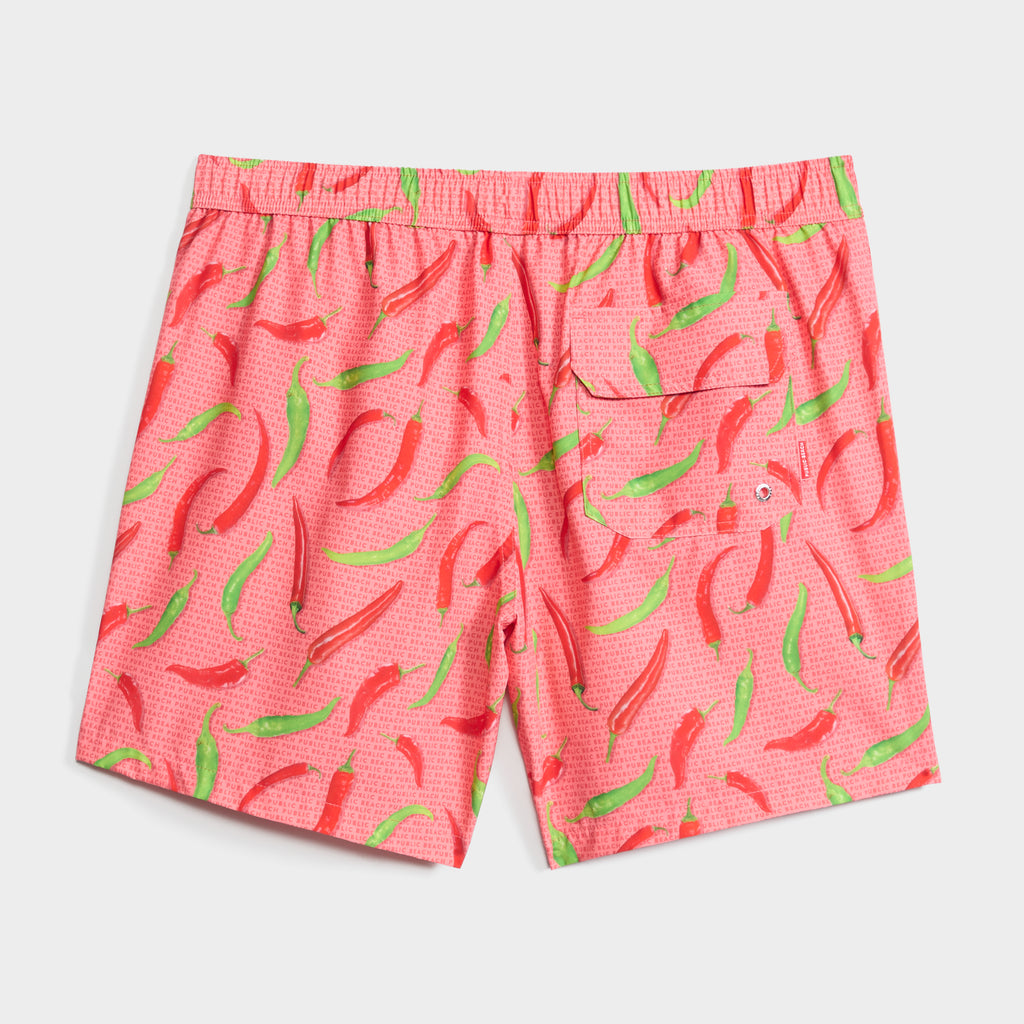 HOT PEPPERS men’s swim shorts by PUBLIC BEACH SWIM feature a vibrant chili pepper print, quick-dry fabric, elastic waistband, and a back pocket with button and drainage grommet.
