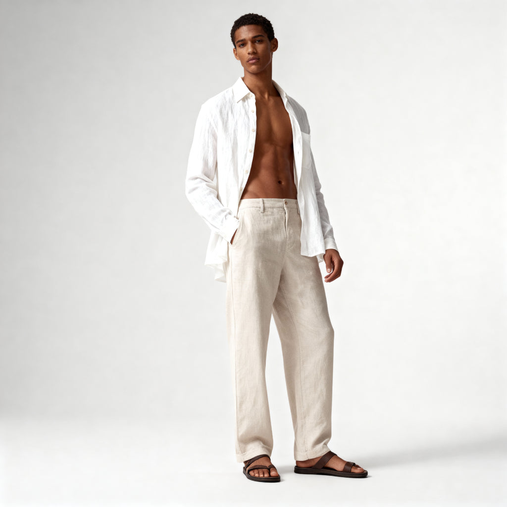 A man poses confidently against a plain backdrop wearing PUBLIC BEACH SWIM's LINEN BLEND PANTS in beige, paired with a white open shirt and black sandals. One hand is in his pocket, showcasing effortless summer style.