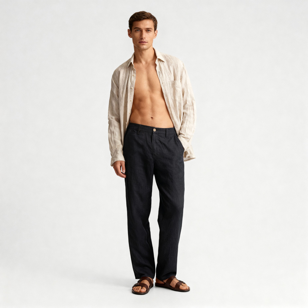 A man poses against a plain background, wearing an open beige linen-cotton shirt, PUBLIC BEACH SWIM's black LINEN BLEND PANTS, and brown sandals. His shirt is unbuttoned to reveal his chest.